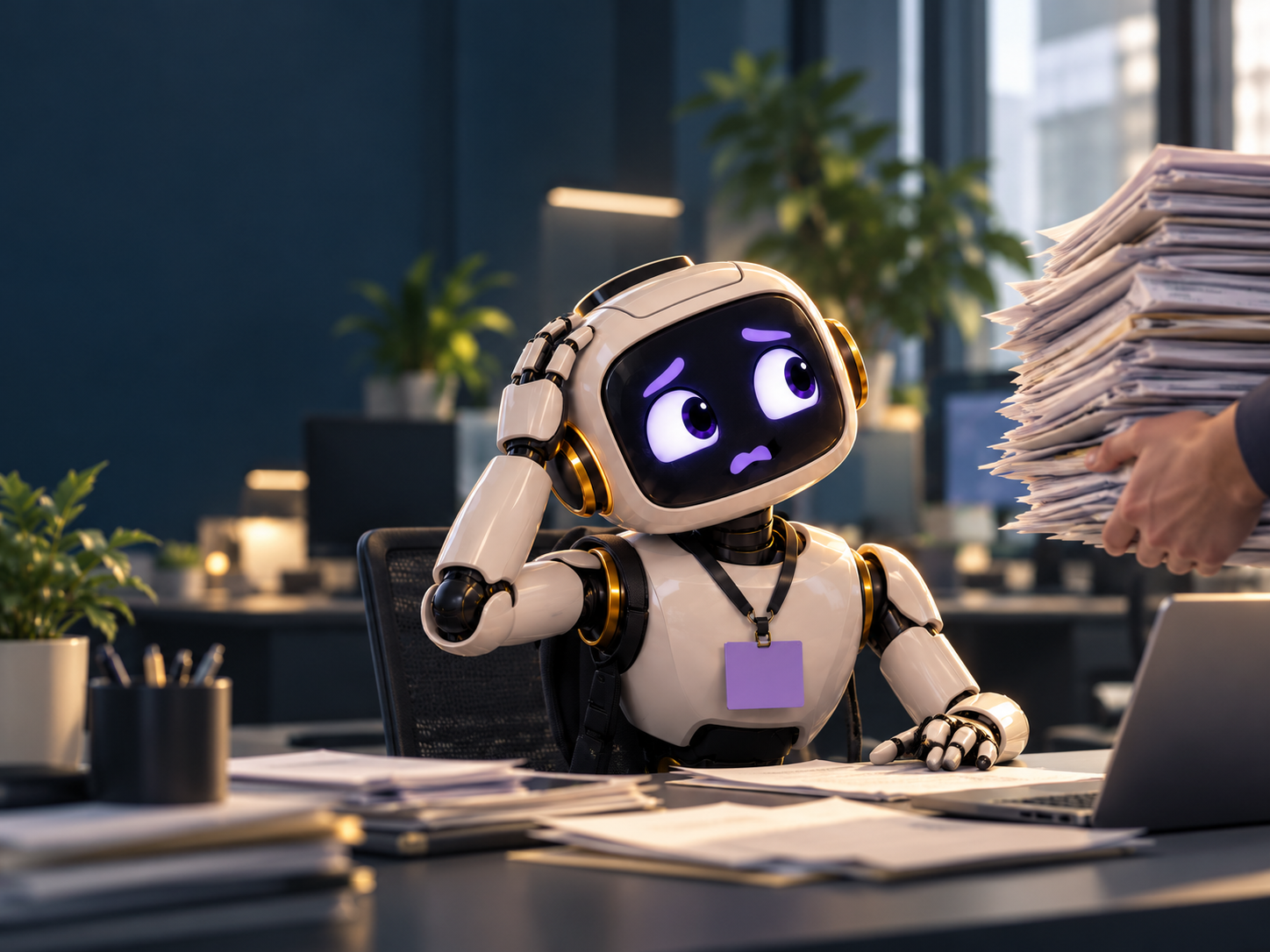 Kentaro looks worried beside a towering stack of office paperwork.