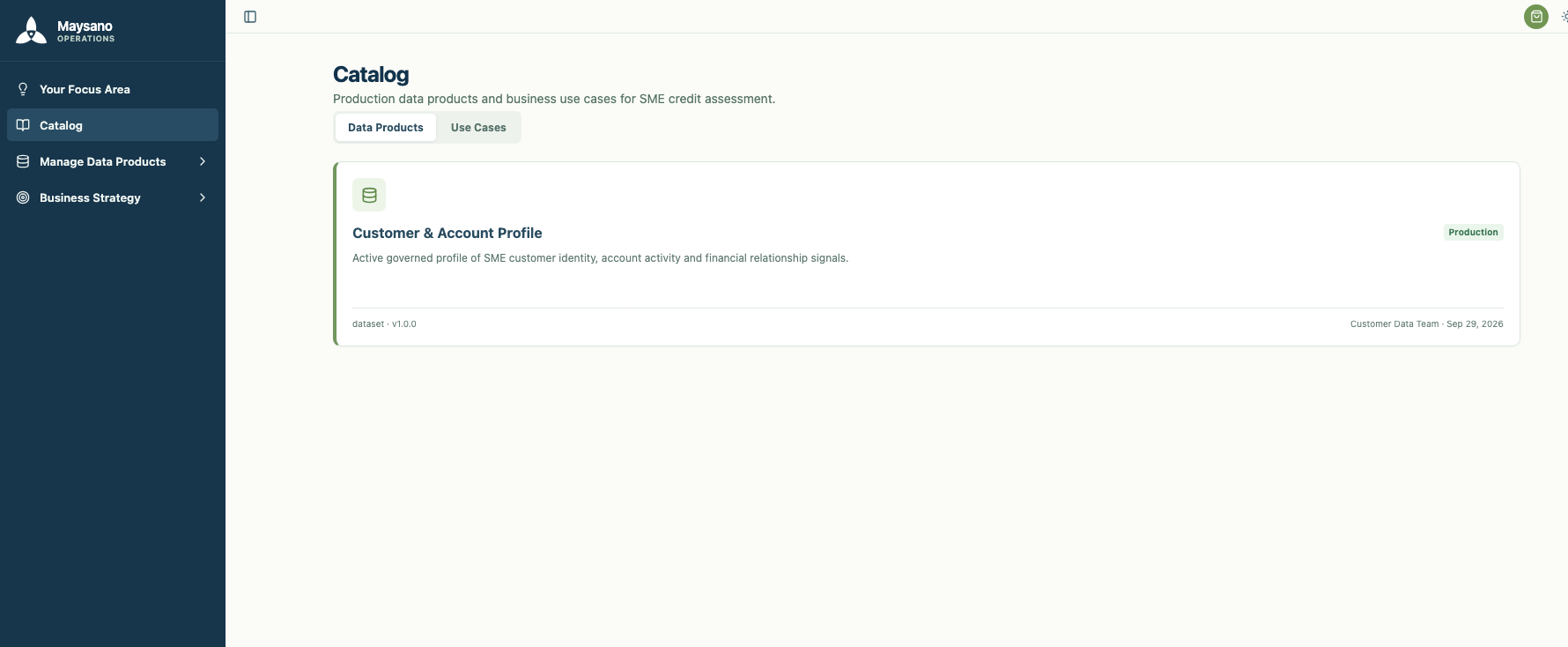 Maysano product catalog showing a production data product and its business context